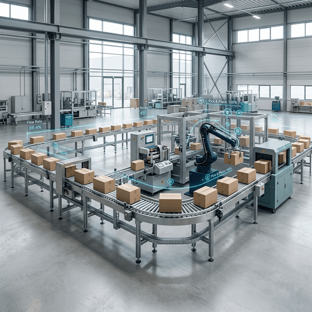 Industriële packaging- en assemblylijn met digitale data-overlay